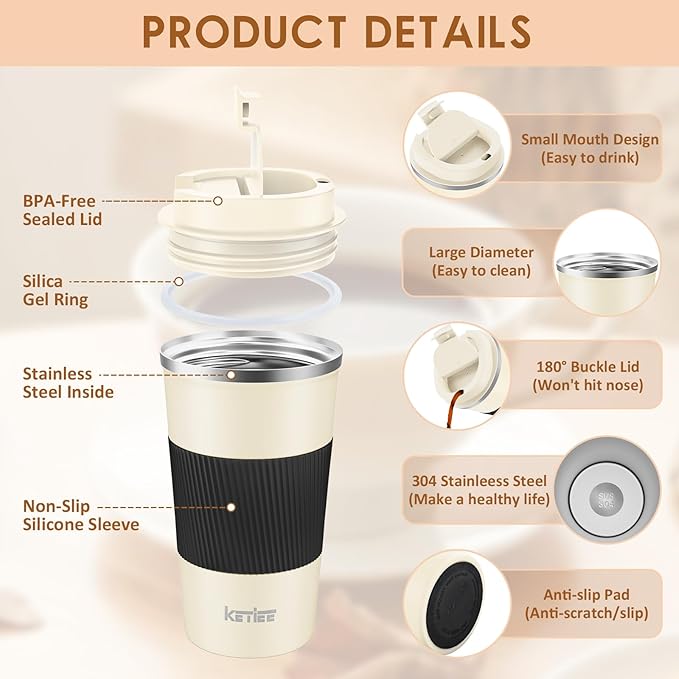KETIEE 12oz Travel Mug: Vacuum Insulated Coffee Cup with Leakproof Lid, Travel Coffee Mug Stainless Steel Double Walled Reusable Coffee Cup for Hot and Cold Water Tea (Beige)