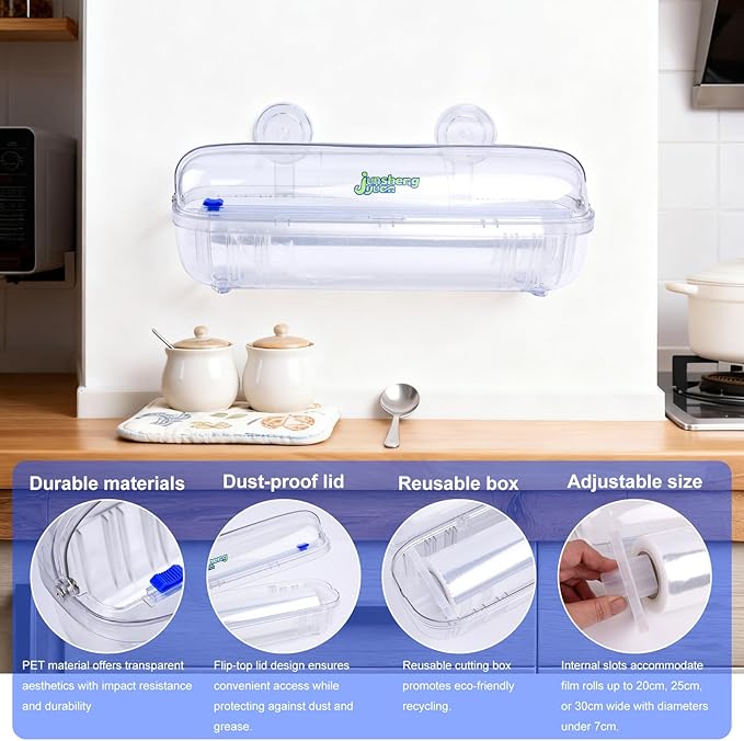 Kitchen Food Preservation Storage Set Reusable Dispenser - Nail-Free Wall Mounting/Countertop Use Cutting Box - Includes 1 Roll of Food-Grade PE Plastic Wrap 12 inch x 492 ft
