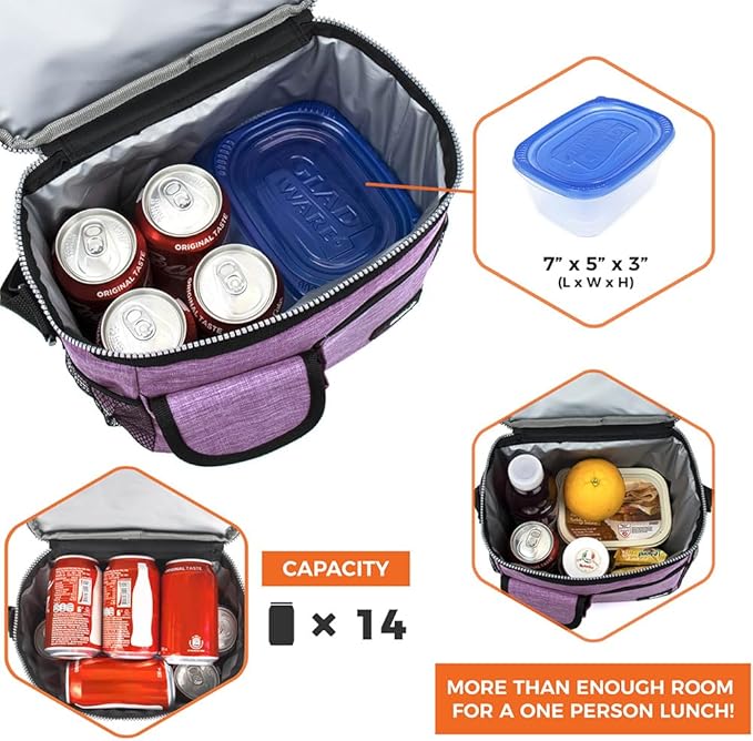 opux Insulated Lunch Bag for Men Women, Leakproof Heather Purple Lunch Box for Work, Portable Soft Lunch Cooler Bag with Shoulder Strap, Adult Lunchbox Lunch Pail for Kid Boy Girl School, 14 Can/8L