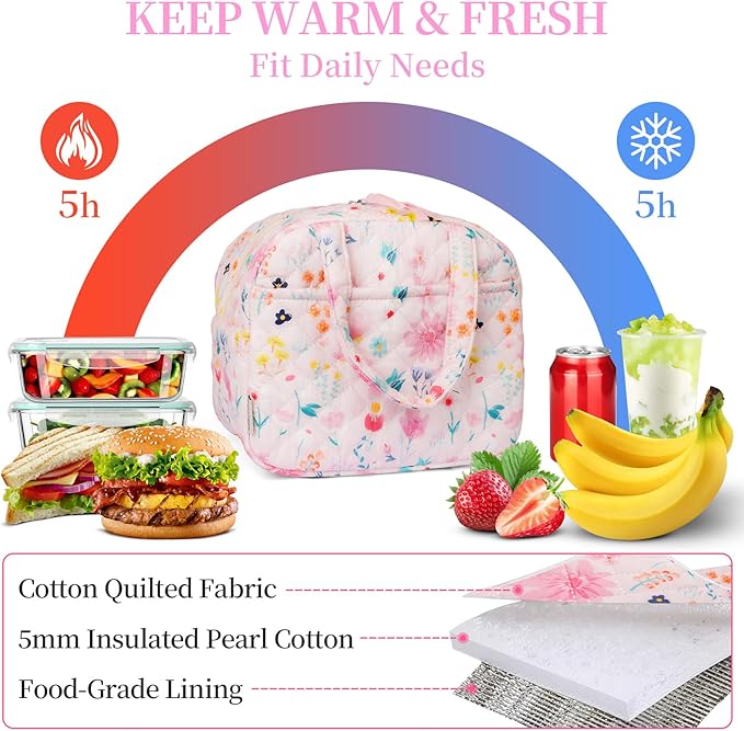 Quilted Lunch Box for Women,Coquette Aesthetic Lunch Box for Teen Girls,Cute Floral Lunch Bags for Work, School,Office,Picnic,Travel (Watercolor floral)