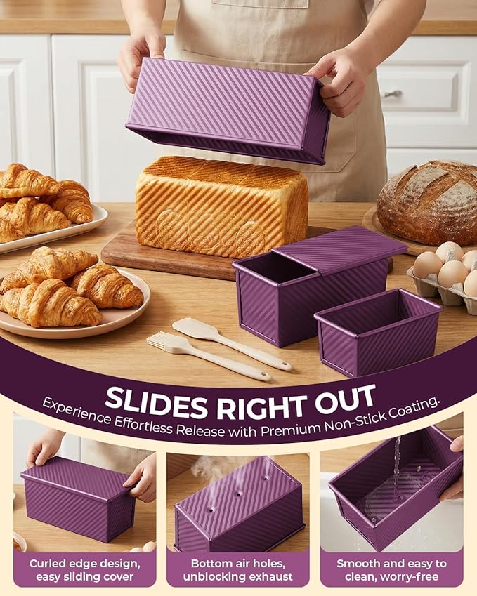 CARTMAN 3-Piece Pullman Loaf Pan with Lid Set – Non-Stick Carbon Steel Bread Pan with Bottom Vents – Includes Large (12.4"), Medium (8.2") & Mini (6.3") Sizes plus Silicone Tools – Plum Purple