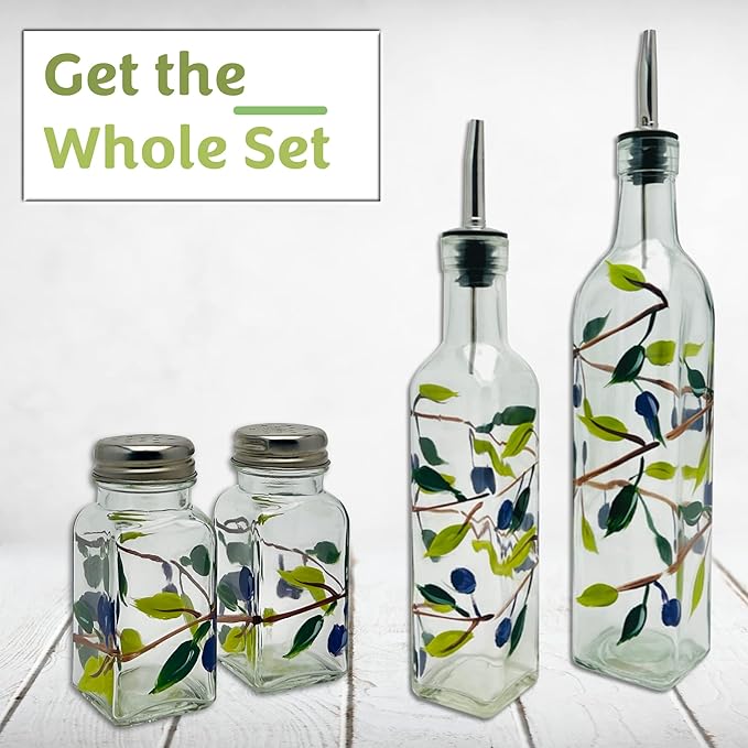 Glass Olive Branch Oil/Vinegar Glass Cruet for Kitchen, 16 oz Olive Oil Dispenser With Stainless Steel Spout for Easy Pouring