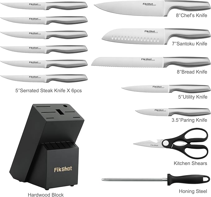 Kitchen Knife Set, Including Knife Block Set and Sharpener - Made of High Carbon Steel, Rust-Resistant, Ergonomic Handle, Suitable for Cooking, Grilling and Gifting