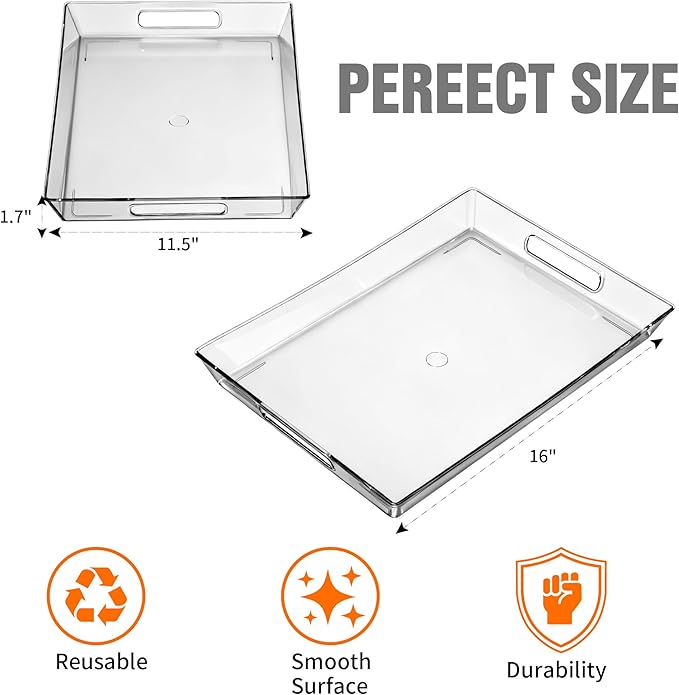 Clear Plastic Serving Tray with Handles, BPA-Free Storage Organizer Tray - Large 16"x11.5" Multi-Purpose for Coffee, Juice, Kitchen, Desk, Office & Party
