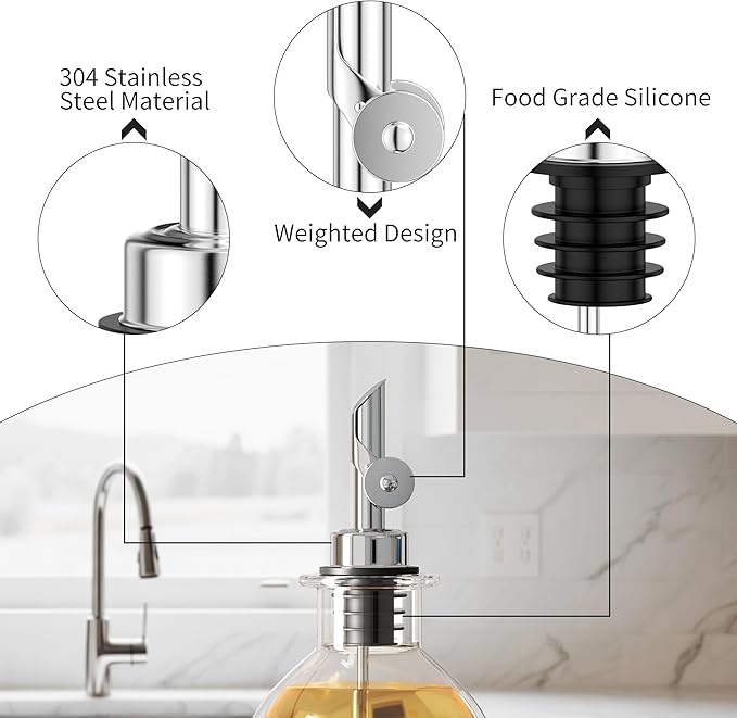 Auto Flip Liquor Pour Spouts 2-Pack, Leak-Proof 304 Stainless Steel Wine Pourer & Olive Oil Dispenser with Food-Grade Silicone for Kitchen, Bar, Restaurant (Silver)