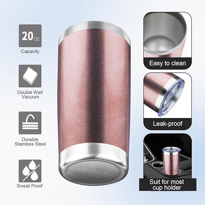 20oz Tumbler with Lid and Straw Double Wall Powder Coated Vacuum Insulated Coffee Tumbler Stainless Steel Insulated Travel Coffee Mug Spill-Proof Thermal Cup for Hot and Cold Beverage,Rose Gold