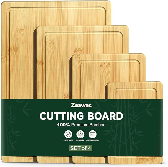 4-Piece Set Bamboo Cutting Board for Kitchen - Crack-Resistant Wood Chopping Boards with Deep Juice Grooves, Pre-Oiled Butcher Block for Meat, Vegetables & Cheese, Natural