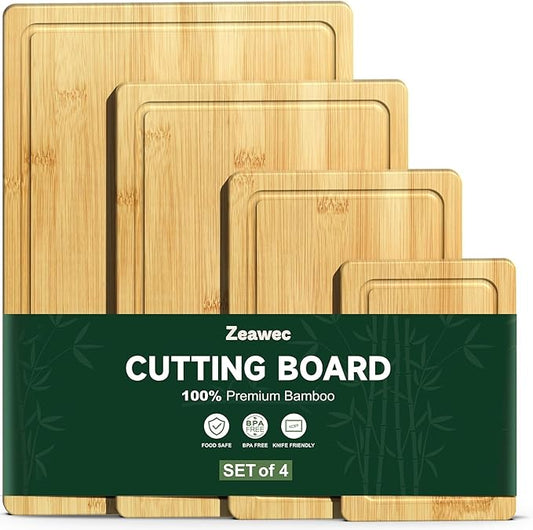 4-Piece Set Bamboo Cutting Board for Kitchen - Crack-Resistant Wood Chopping Boards with Deep Juice Grooves, Pre-Oiled Butcher Block for Meat, Vegetables & Cheese, Natural