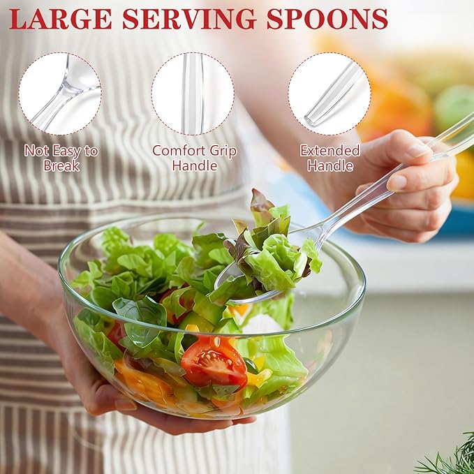 Mwellewm 10" Serving Spoons for Buffet Parties Plastic Serving Utensils 12 Packs Disposable Spoons for Buffet Large Heavy Duty Clear Plastic Soup Spoons Catering Supplies for Wedding Gathering Holiday