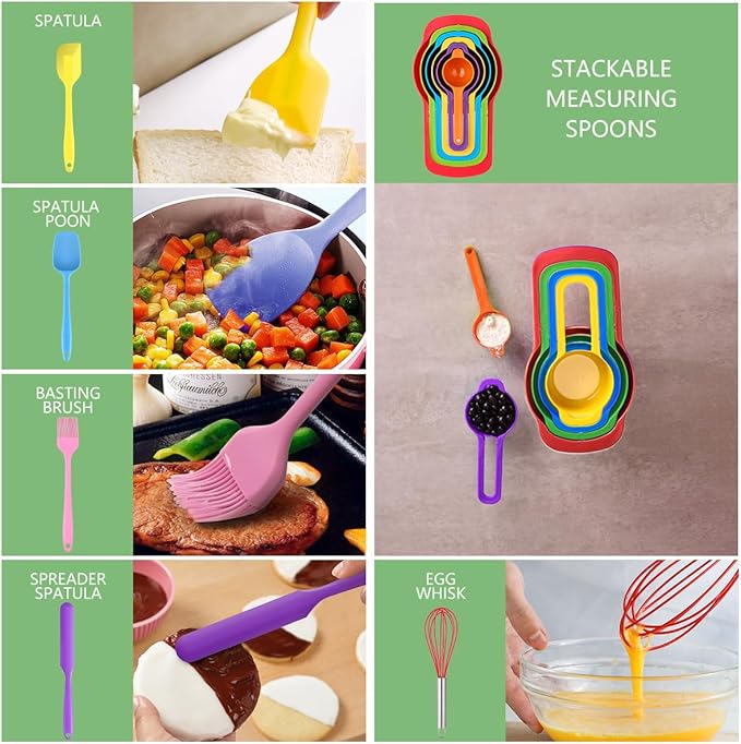 Mixing Bowls with Lids for Kitchen - 25 PCS Stainless Steel Nesting Colorful Mixing Bowls Set for Baking,Mixing,Serving & Prepping,Size 5, 3.7, 2.8, 2.3, 1.7, 1.1, 0.7QT,11 Cooking Utensils