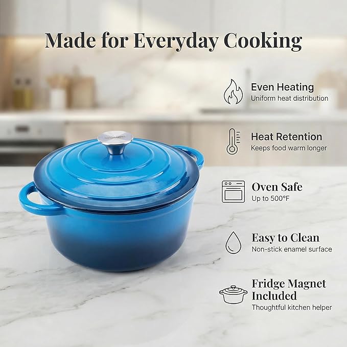 7QT Enameled Cast Iron Dutch Oven Pot with Lid,Heavy-Duty Cookware for Sourdough Bread Baking,Braising,Stews,Roasting,Oven Safe up to 500°F,blue