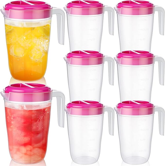 LemonRoad 6 Pcs 2 L Plastic Pitcher with Lid Water Iced Tea Pitchers Drink Container with Twist Cover Tea Jug for Fridge for Water Juice and Fridge Storage, Dishwasher and Freezer Safe(Clear)