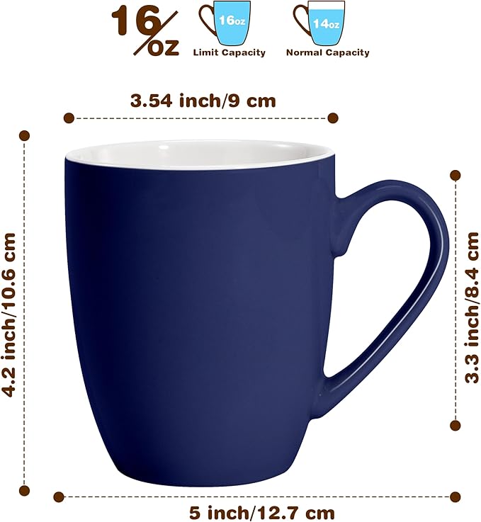 Urbanstrive 16 oz Large Coffee Mugs Set of 4 Ceramic Coffee Mug White Coffee Cups Tea Cups Idea Gift for Women Men House Warming Gifts New Home Office, Dark Blue 4 Pack
