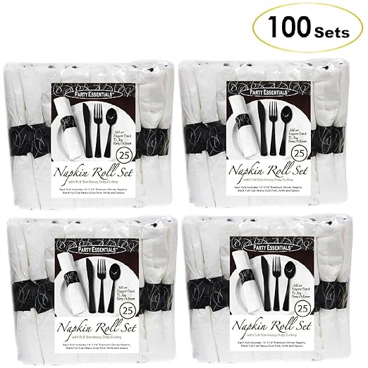 Party Essentials Pre-Rolled Disposable Extra Heavy Duty Plastic Cutlery Kit with Black Fork/Knife/Spoon and 3-Ply White Napkin (Case of 100 rolls)