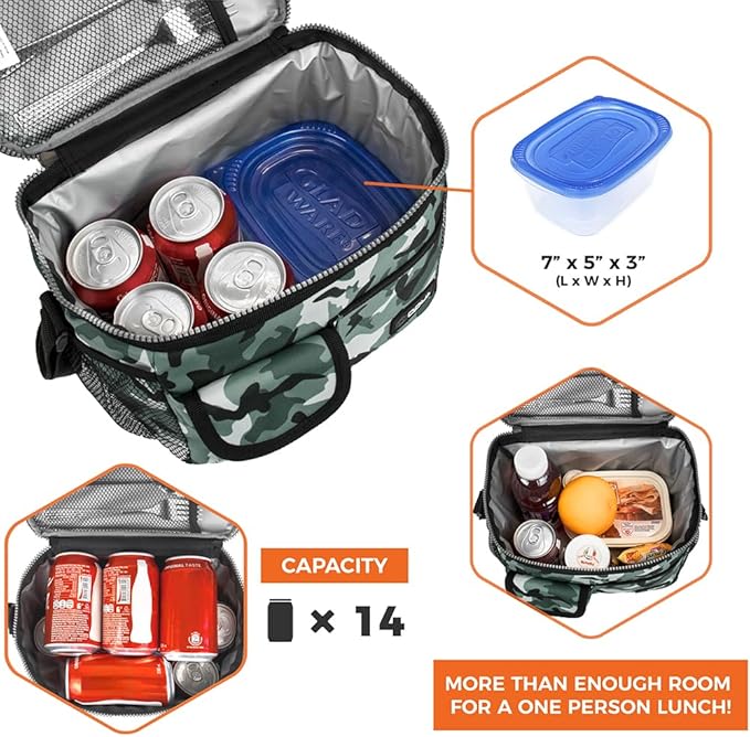 opux Insulated Lunch Bag for Men Women, Leakproof Camo Green Lunch Box for Work, Portable Soft Lunch Cooler Bag with Shoulder Strap, Adult Lunchbox Lunch Pail for Kid Boy Girl School, 14 Can/8L