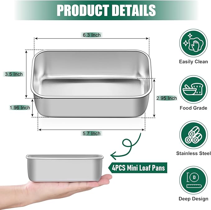 P&P CHEF Mini Loaf Pans Set, 4 PCS Small Bread Loaf Pan for Baking, 6.3 x 3.5 Inch Stainless Steel Baking Pans for Homemade Bread, Meatloaf, Cake and Brownies, Healthy & Non Toxic, Dishwasher Safe