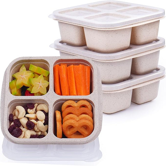 4 Pack Snack Containers, 4 Compartments Snackle Box Container, Meal Prep Reusable Lunchable Container for Adults, Microwave Dishwasher Safe, Food Storage Containers for Work Travel