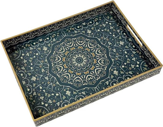 Plastic Serving Tray with Handles,Large Ottoman Tray for Living Room,Large Rectangle Trays for Ottoman Coffee Table,Decorative Blue Boho Serving Trays for Home Decor,16" x 12"