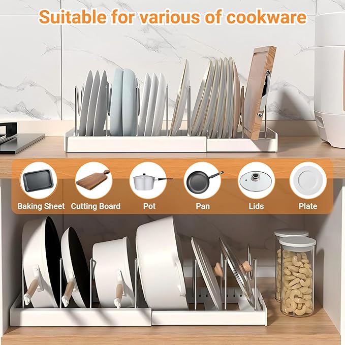 Expandable Pot and Pan Organizer Rack for Cabinet, Pot Lid Organizer Holder with 7 Stainless Steel Adjustable Dividers for Kitchen Cabinet Organizer and Storage (White)