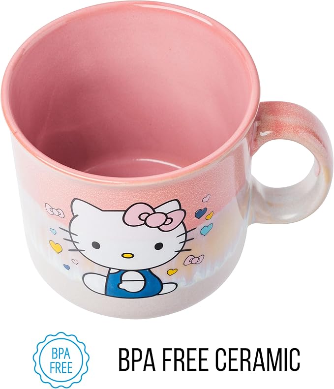 Silver Buffalo Sanrio Hello Kitty Sitting Hearts and Bows Reactive Glaze Ceramic Camper Mug, 20 Ounces