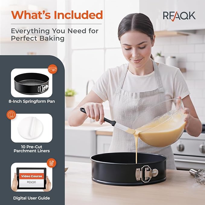 RFAQK Ultimate 8-inch Springform Cake Pan Set with Removable Bottom- Leakproof Non-stick Round Baking Pan with 50Pcs Parchment Papers Perfect for Cheesecakes, Sponge Cakes & More- Bonus E-Book!