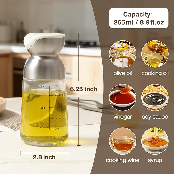 Vucchini Oil Dispenser for Kitchen Stainless Steel Olive Oil Dispenser Bottle 9 Ounce with Non- Drip Spout Glass Vinegar Soy Sauce Dispenser for Cooking, Salad