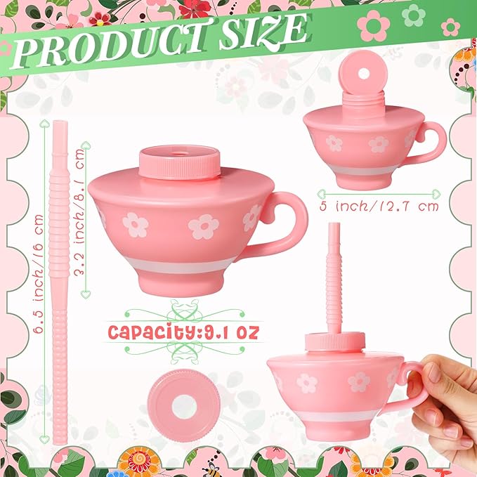 Zhehao 24 Pieces Plastic Tea Cups with Lids and Straws for Kids Tea Party 9 oz Reusable Disposable Party Teacups Bulk for Spring Birthday Baby Shower Princess Decorations