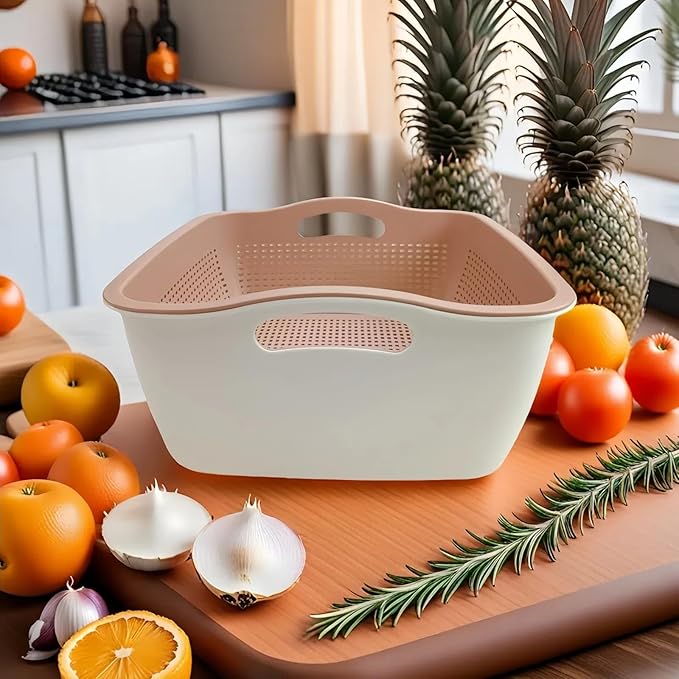Kitchen Colander Drain Basin 2 in 1 Plastic Basket Strainer Bowl with Handle (white/pink)