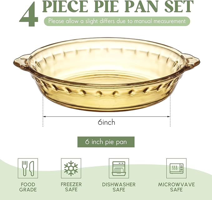 Uiifan 4 Packs 6 Inches Mini Glass Pie Pan for Baking 11.6 oz Amber Pie Plate with Handles Round Glass Dish for Baking and Serving, Snacks, Salads, Desserts
