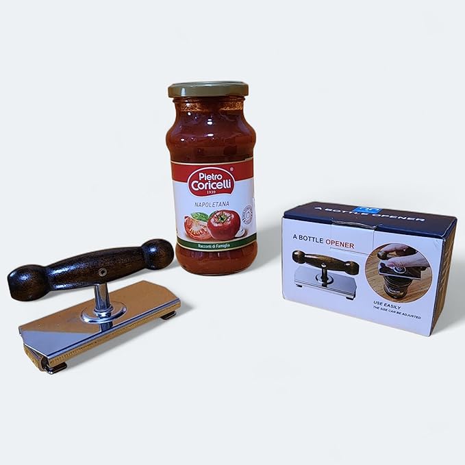 Aesthetic Oak Handle Effortless Jar Opener - Heavy-Duty 304 Stainless Steel Adjustable Cap Crack, Strong Grip for Senior & Weak Hand - Physical Leverage Manual Lid Remover Kitchen Aid Tool