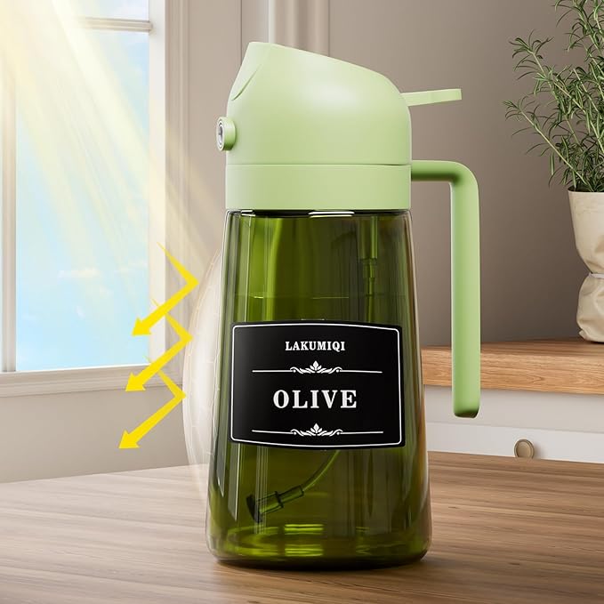 2 in 1 Oil Sprayer for Cooking, 16oz Olive Oil Dispenser Bottle for Kitchen, Food Grade Light-Blocking Leak Proof Glass Spray Bottle for Salad, Air Fryer, BBQ