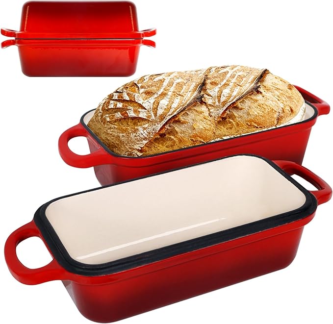 FUNKYLEE Enameled Cast Iron Bread Pan with Lid, 2-in-1 Loaf Pan for Baking Bread 9x5, Professional Sourdough Bread Pan for Homemade Bread, Set of 2, Red