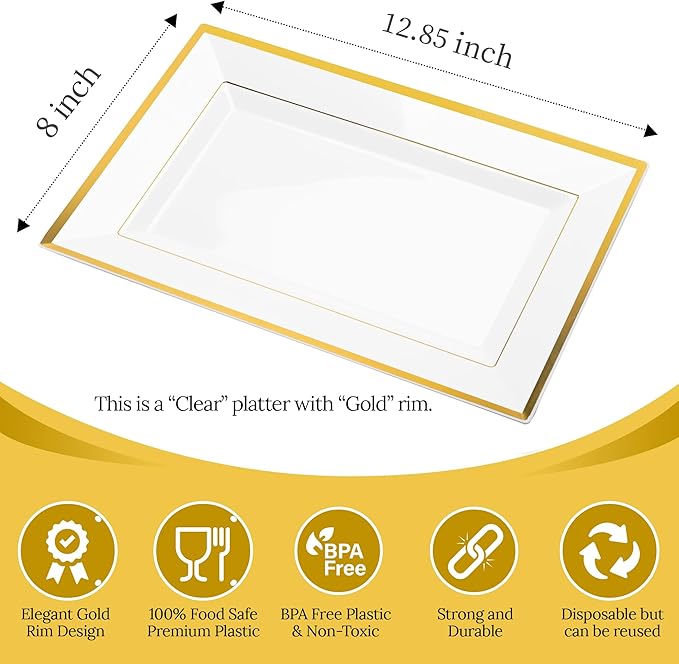 Elegant Plastic Serving Tray & Platter Set (6pk) - Clear & Gold Rim Disposable Serving Trays & Platters for Food - Weddings, Upscale Parties, Dessert Table, Cupcake display - 8x13 inches