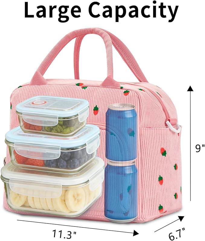 Lunch Box for Women Insulated Lunch Bag Women Adult Cute Lunch Bags Reusable Lunchbox Cooler Tote Bag for Work Picnic (Pink-Strawberry)