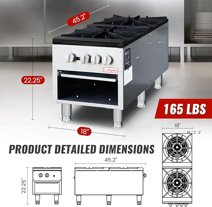 Commercial Gas Stove with Cabinet, 160,000 BTU 2 Burner Stove Range, 18" Countertop Cooking Stockpot Range for Restaurant, kitchens & school, Stainless Steel Gas Hot Plate