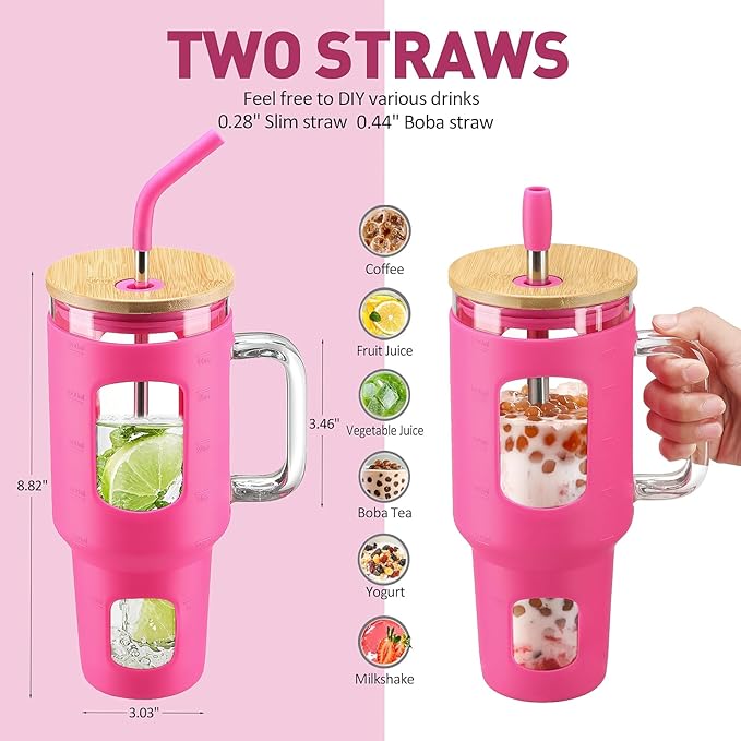 Glass Tumbler with Straw & Lid, 32 oz Glass Cup with Handle, Water Bottle with Time Marker - Pearl Straw & Silicone Protective Sleeve - Rose Red