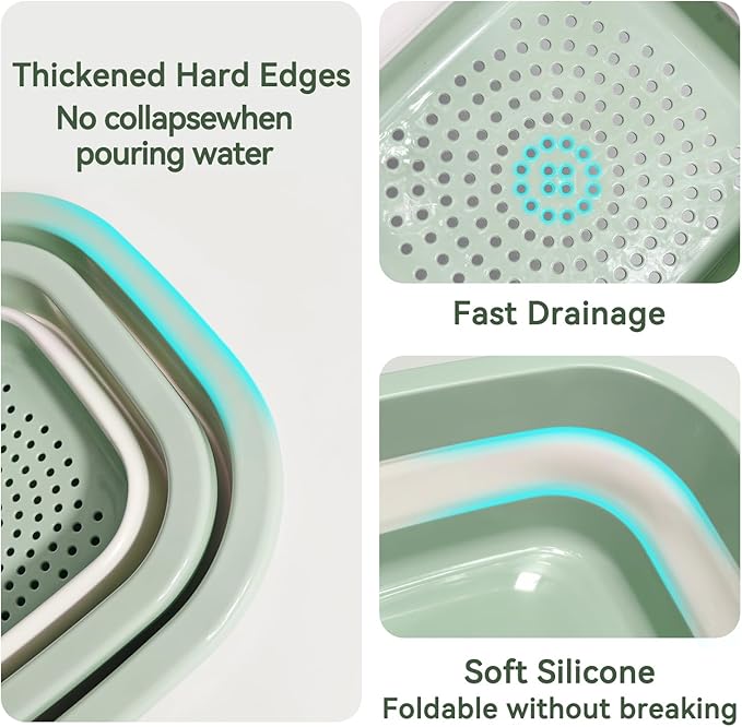 Collapsible Colander and Sink Basin Set - 2 in 1 Collapsible Colander Strainer with Collapsible Wash Basin for Kitchen, RV Camping, Foldable Fruit Vegetable Washing Basket, 2 QT, Blue