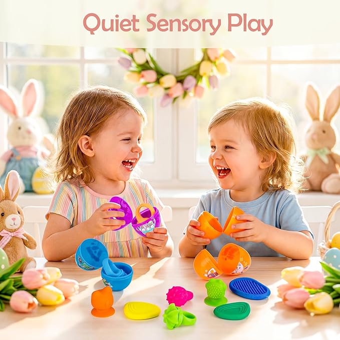 Easter Basket Stuffers, Prefilled Easter Eggs with Quiet Sensory Fidgets, Textured Stone & Suction Toys & Spinner Ring for Kids Calming, Autism Anxiety Tools Classroom Prizes (18 PCS)