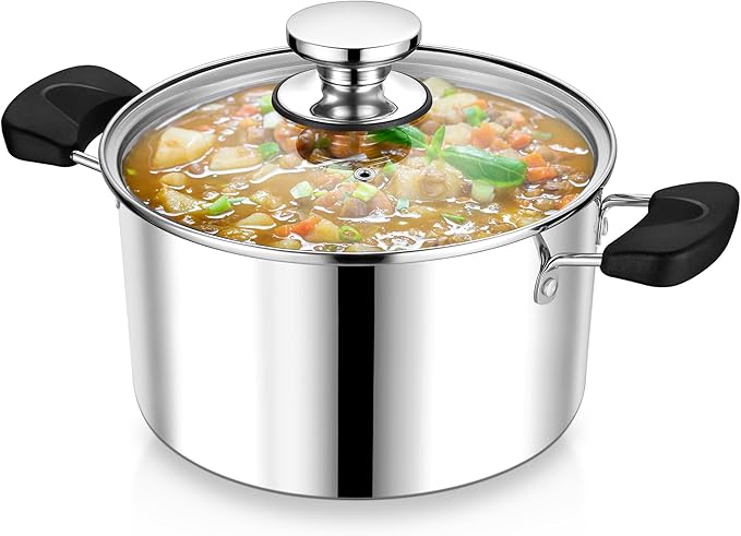 5 Quart 3-Ply Cooking Stock Pot with Lid, P&P CHEF Stainless Steel Large Pot for Pasta Soup, Work on Multi Stove, Heavy Duty & Dishwasher Safe, Dual Heat-resistant Handles & Transparent Glass Lid