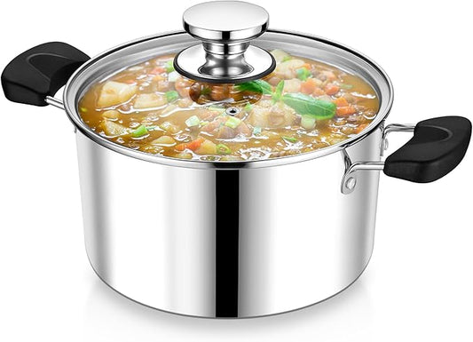 5 Quart 3-Ply Cooking Stock Pot with Lid, P&P CHEF Stainless Steel Large Pot for Pasta Soup, Work on Multi Stove, Heavy Duty & Dishwasher Safe, Dual Heat-resistant Handles & Transparent Glass Lid