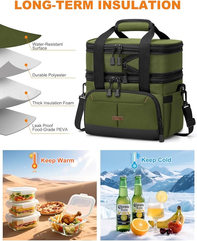 Lunch Box For Men Women Double Deck Insulated Lunch Bag For Men Woman Leakproof Expandable Cooler Bag with Adjustable Shoulder Strap for Kids Shool Work Picnic Camping(Green,Large)