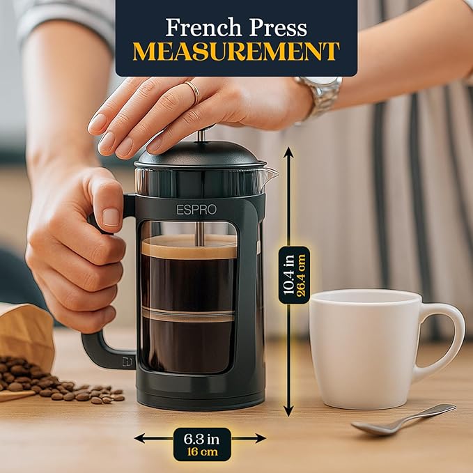 ESPRO P3 French Press Coffee Maker – Patented Double Micro-Filter for Grit-Free Brew, Heat Resistant thicker Borosilicate Glass Coffee press – (Black 32 oz)