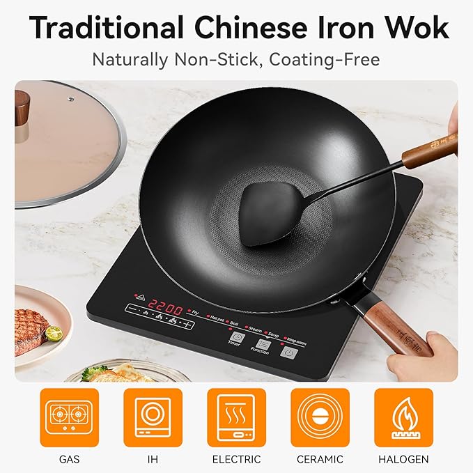 WANGYUANJI 12.6" Carbon Steel Wok Pan with Lid, Lightweight Stir Fry Pan with Flat Bottom, Induction Compatible Chinese Cookware for Electric, Gas & Glass Top Stoves, No Coating, 2.5lb