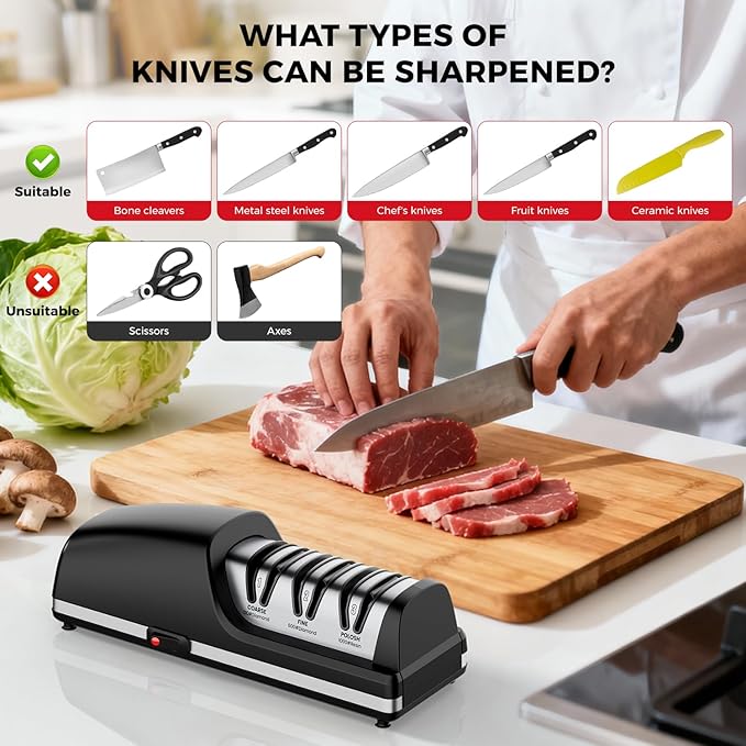 Professional Electric Knife Sharpener, 3-Stage Diamond Abrasive Sharpening System, Replaceable Sharpening Heads, 15° Precision Angle Guide for Kitchen Knives, Quick Blade Repair and Restoration