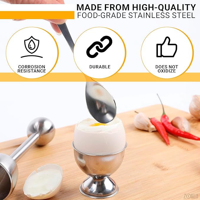 Egg Shell Opener Set – 2 Pcs Egg Cups for Soft Boiled Eggs & Hard Boiled Eggs, 2 Pcs Spoons, Stainless Steel Build, Fits Most Shell Sizes – Ergonomic Design with Adjustable Effort for Precise Cracking