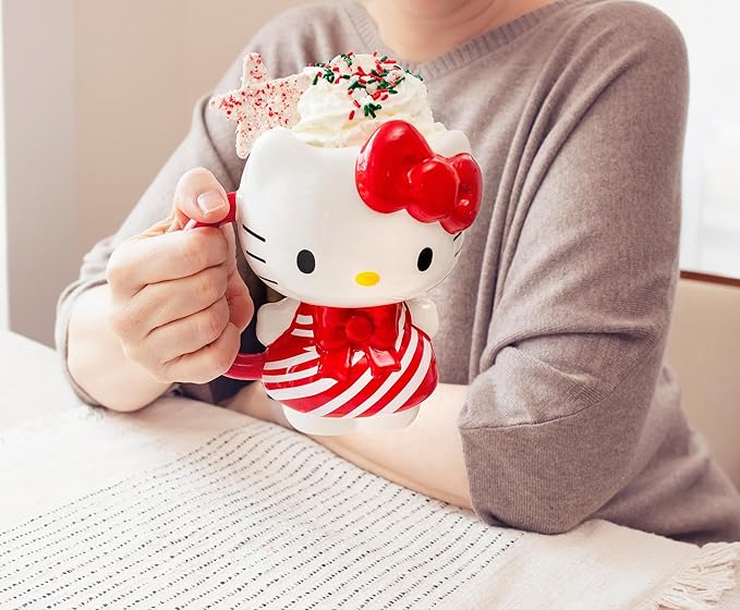 Silver Buffalo Sanrio Hello Kitty Christmas Holiday Candy Cane Dress 3D Sculpted Ceramic Mug, 20 Ounces