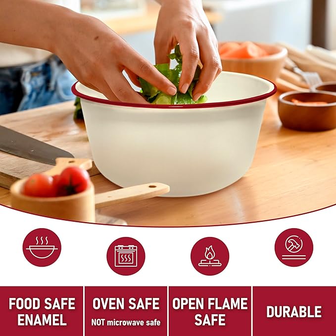 CWI Large Mixing Bowl for Kitchen - Vintage Metal Bowl for Kitchen, Camping, and Everyday Use - Chip-Resistant for Long-Lasting Durability