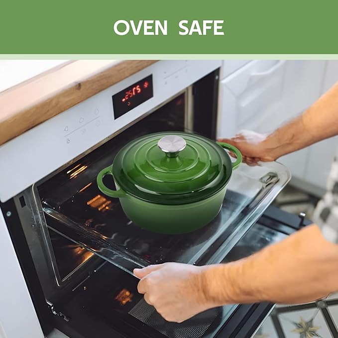 4 Quart Dutch Oven Enameled Cast Iron with Lid - Big Dual Handles - Oven Safe up to 500°F - Classic Round Pot for Versatile Cooking Green