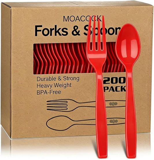 200 Count Red Plastic Silverware, Heavy Weight Plastic Forks Spoons Disposable Utensils Cutlery Set for Wedding Party Supplies Everyday Use