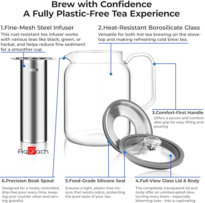 Aquach Glass Teapot with Infusers for Loose Tea, 85 Oz Glass Tea Kettle Dishwasher and Stovetop Safe, Plastic-Free Borosilicate Glass Tea Pot and Stainless Steel Tea Infuser